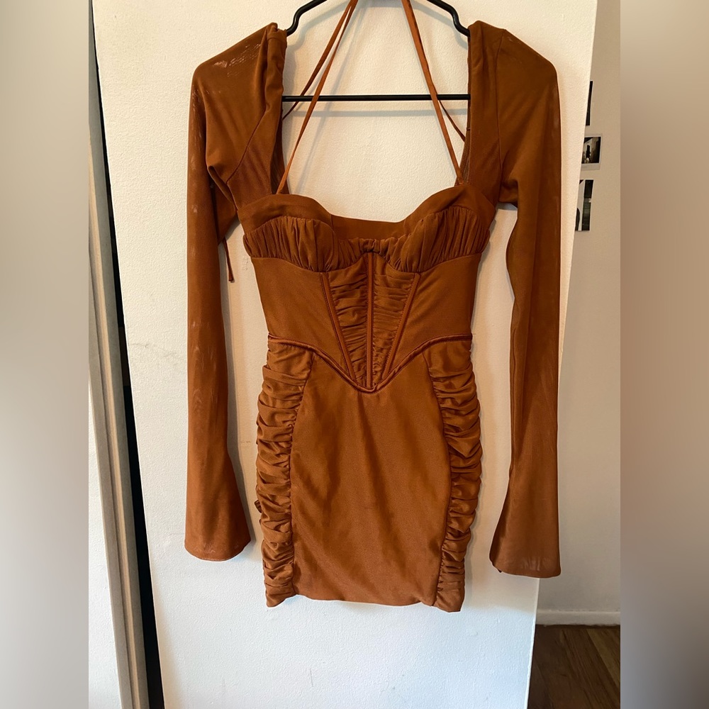 OH POLLY Long Sleeve Corset Mini Dress in Brown